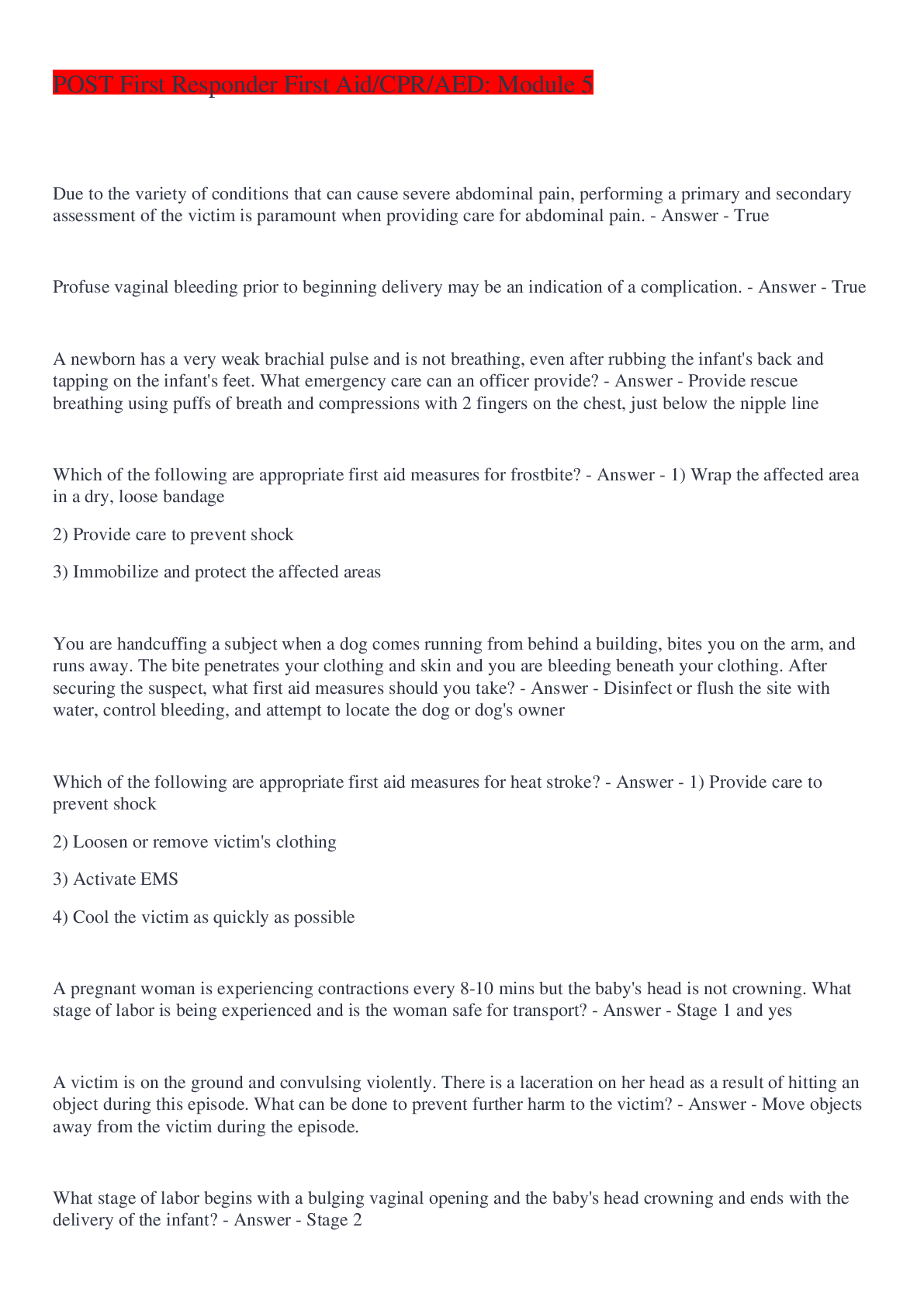 Preview image of POST First Responder First Aid/CPR/AED: Module 5 document